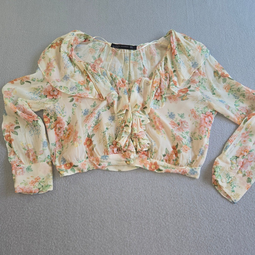 Zara Woman Floral Ruffle Blouse Womens Medium Cream Sheer‎ Long Sleeve Cropped